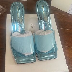 NIB Good American Clear Teal Blue Mule Sandal Wedge Heel - NEW Size 9